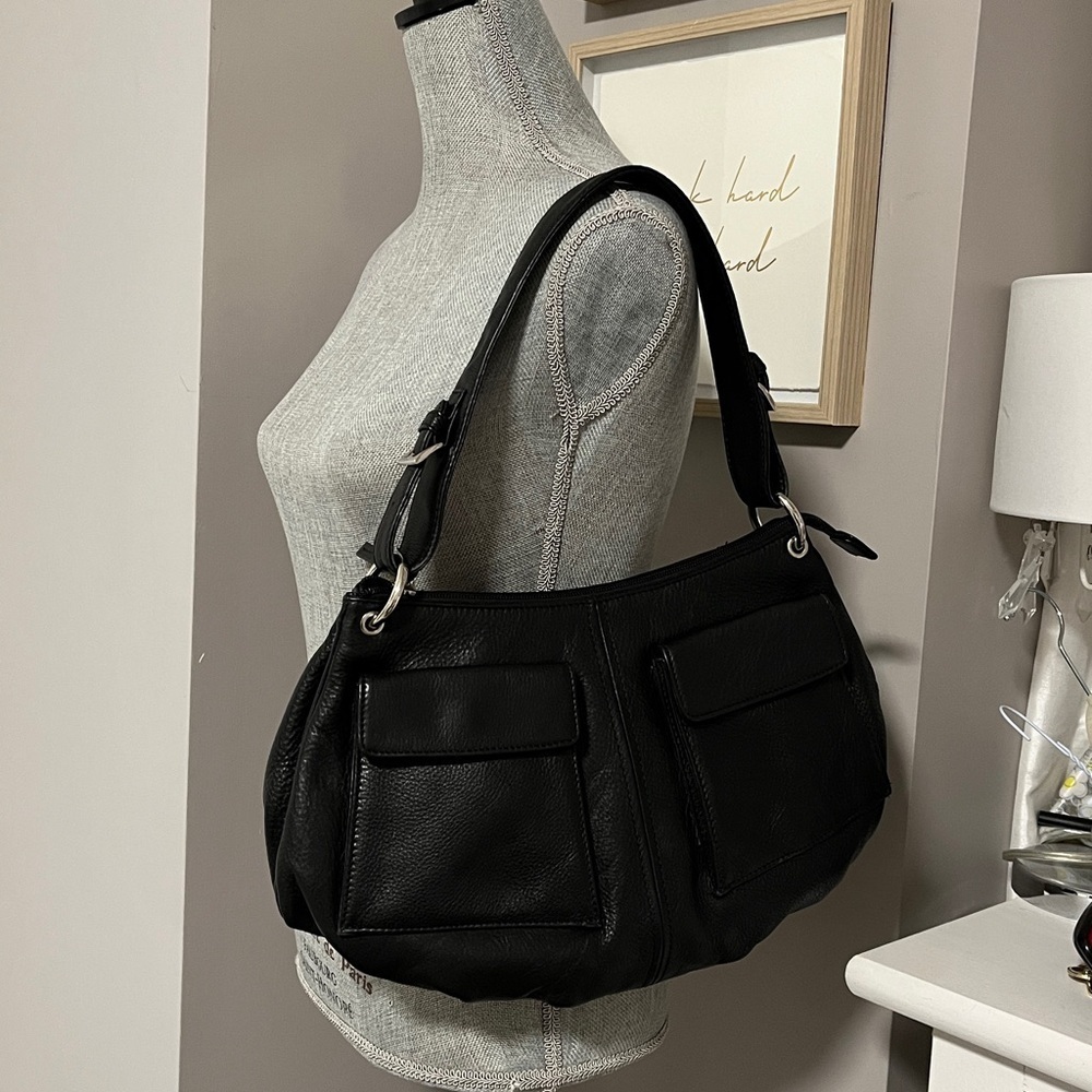 DEREK ALEXANDER Black Leather Croissant Shaped Shoulder Bag